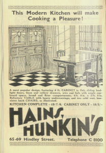 Advertisement with illustration of a modern kitchen cabinet.