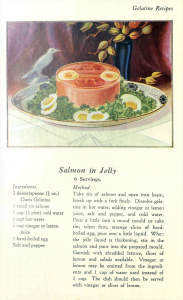 Colour illustration of salmon and eggs in a gelatine mould.