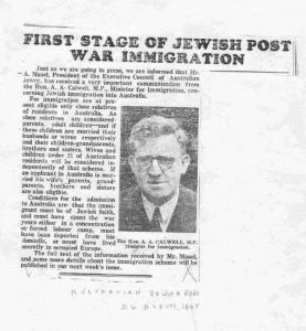 First stage of Jewish post war immigration and a photo pf Arthur Calwell.