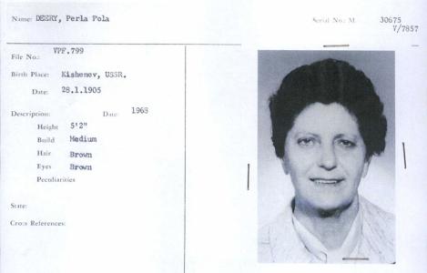 ASIO fie photo and particulars for Perla Deery, 1963.