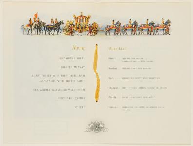 menu with coloured illustration of Queen Elziabeth the 2nds Coronation Coach.