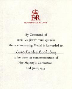 Command to forward medal to Eric Leslie Cook Esq, from Her Majesty The Queen.
