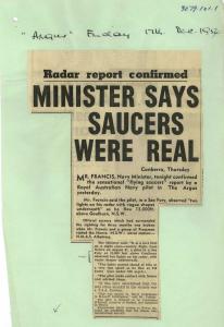 Radar report confirmed Minister says saucers were real.