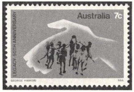 An Australian 7 cent stamp with a design by George Hamori for Legacy's 50th Anniversary.