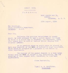 A G Griffiths President Legacy Club Canberra writing to The Secretary Prime Minister's Department.